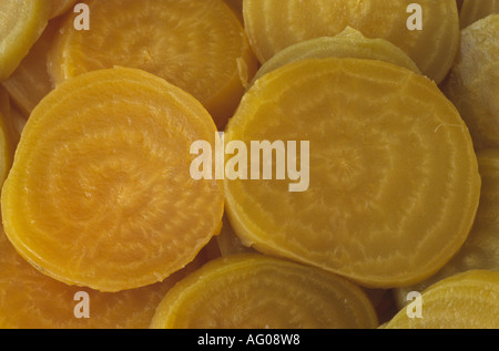 Beta vulgaris " Burpee Golden' giallo barbabietole cotte, sbucciati e tagliati a pezzi. Foto Stock