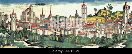 Geografia / viaggi, Germania, Augsburg, vista, colorata xilografia da Michael Wohlgemut o Wilhelm Pleydenwurff, cronaca di Hartmann Schedel, Norimberga 1493, artista del diritto d'autore non deve essere cancellata Foto Stock