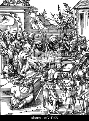 Bartolomeo, San (+ circa 51), San e Apostolo, 'il martirio di San Bartolomeo', woodcut, Lukas Cranach il Vecchio (1472 - 1553), collezione artistica Basilea, religione, cristianesimo, martire, morte, esecuzione, croce, crocifiction, , Foto Stock