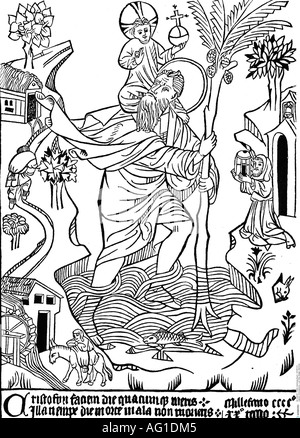 Christopher, + circa 250, Saint, Martire, 'Saint Christoph of Buxheim', woodcut, 15th secolo, Christophorus portando il figlio di Gesù sulla schiena, Santi, Cristo, , Foto Stock