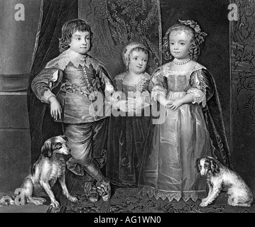 Charles II., 29.5.1630 - 6.2.1685, re d'Inghilterra 29.5.1660 - 29.5.1685, come bambini, con le sorelle Maria & Elizabeth, incisione da W. francesi dopo la verniciatura del van Dyck, secolo XVII, , artista del diritto d'autore non deve essere cancellata Foto Stock