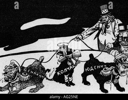 Geografia/viaggio, Russia, Guerra civile 1918 - 1922, intervento degli Alleati Occidentali, generali bianchi come sanguinamenti dell'Ovest, caricatura di Deni, 1919, Generale Anton Denikin, Ammiraglio Aleksandr Kolshak, Generale Nikolai Yudenich, zio Sam, John Bull, USA, Grande Briain, Francia, cani, politica, movimento bianco, storico, storico, uomo, uomini, uomini, uomini 20th secolo, 1910s, Foto Stock