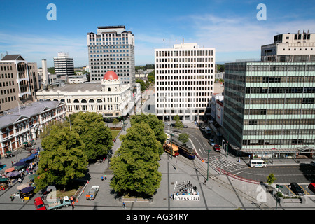 Vista aerea di fronte alla piazza della cattedrale dal campanile della Chiesa di Cristo cattedrale anglicana, Christchurch, Nuova Zelanda Foto Stock