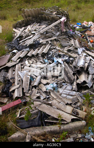 Volare il ribaltamento di rifiuti compresi fogli di amianto oggetto di pratiche di dumping sul lato di una strada di campagna nel South Wales UK Foto Stock