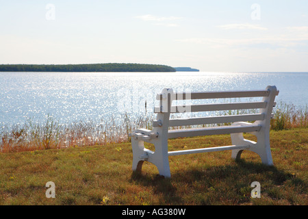 Lone banco bianco vicino al lago michigan shore rock island state park wisconsin Foto Stock
