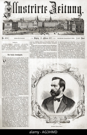 Stampa/media, riviste/riviste, 'Illustrierte Zeitung', numero 1650, Lipsia, 13.2.1875, titolo, articolo sulla legge sul matrimonio civile, ritratto del professor Ludwig Knaus, incisione, giornale, rivista, Germania, politica, , Foto Stock