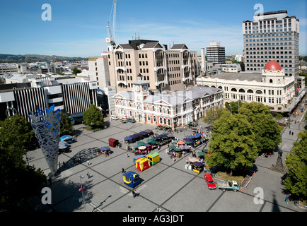 Vista aerea di fronte alla piazza della cattedrale dal campanile della Chiesa di Cristo cattedrale anglicana, Christchurch, Nuova Zelanda Foto Stock