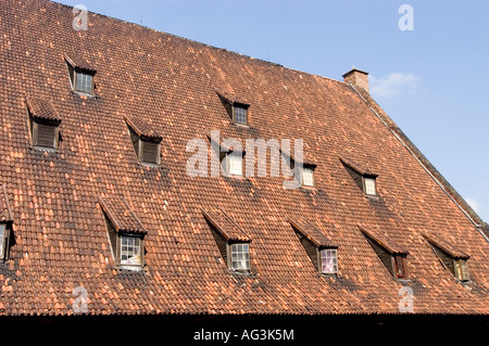 Tetto di tegole rosse e con piccole finestre di Wielki Mlyn o Grande Mulino in Gdansk Pomorskie Polonia Foto Stock