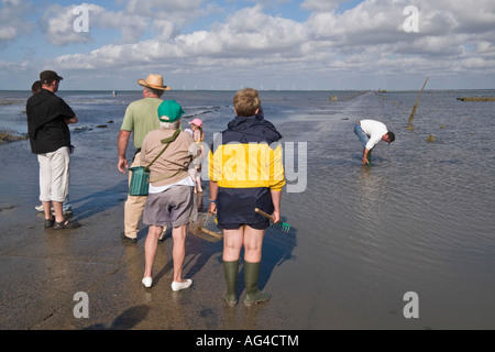 Persone in attesa per la marea di scoprire il passaggio du Goisa causeway, Ile de Noirmoutier, della Vandea, Pays de la Loire, Francia Foto Stock