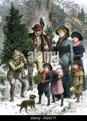 Famiglia vittoriana portando a casa il loro albero di Natale e il vischio 1880. Colorate a mano la xilografia Foto Stock