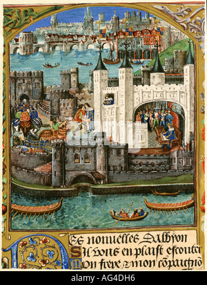 Torre di Londra durante il tempo di Enrico VII risalente alla fine del Quattrocento. Litografia a colori Foto Stock