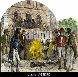 La schiavitù fautori burning antislavery documenti in Charleston South Carolina nel 1830s. Colorate a mano la xilografia Foto Stock