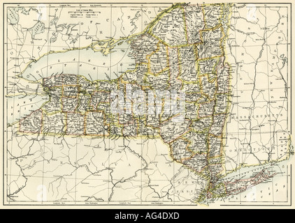 Mappa dello Stato di New York 1870s. Litografia a colori Foto Stock