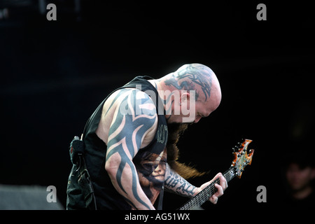 Kerry re, gli Slayer thrash metal band provenienti dagli Stati Uniti, scaricare Rock Festival a Donnington Park Leicestershire, Tom Araya vocals Jeff Hanneman chitarra Kerry King chitarra Dave Lombardo 8 tamburi 10 Giugno 2007 Foto Stock