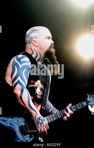 Kerry re, gli Slayer thrash metal band provenienti dagli Stati Uniti, scaricare Rock Festival a Donnington Park Leicestershire, Tom Araya vocals Jeff Hanneman chitarra Kerry King chitarra Dave Lombardo 8 tamburi 10 Giugno 2007 Foto Stock