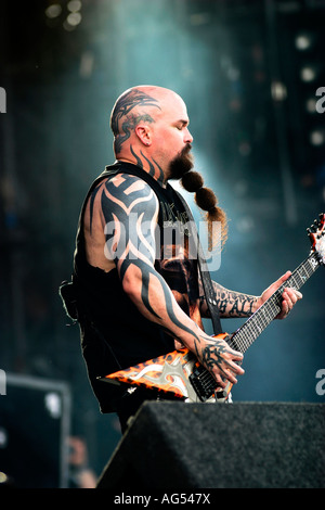 Kerry re, gli Slayer thrash metal band provenienti dagli Stati Uniti, scaricare Rock Festival a Donnington Park Leicestershire, Tom Araya vocals Jeff Hanneman chitarra Kerry King chitarra Dave Lombardo 8 tamburi 10 Giugno 2007 Foto Stock