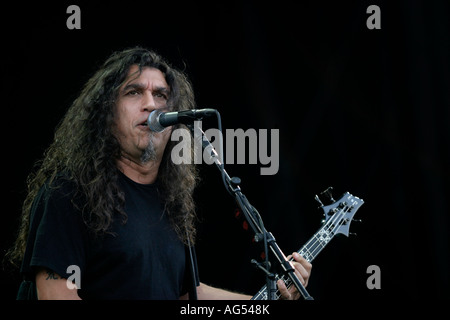 Tom Araya, Slayer thrash metal band provenienti dagli Stati Uniti, scaricare Rock Festival a Donnington Park Leicestershire,Tom Araya vocals Jeff Hanneman chitarra Kerry King chitarra bald Dave Lombardo 8 tamburi 10 Giugno 2007 Foto Stock