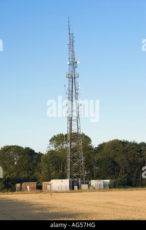 Un montante di sollevamento con telefono mobile TETRA, servizi di pubblica utilità e altre antenne emettitrici in campagna Foto Stock