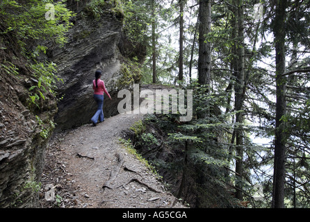 Donna che cammina nel bosco Foto Stock