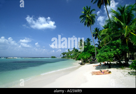 Maldive Kuredu resort turisti su quasi vuoto spiaggia orlata di palme Foto Stock