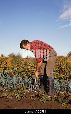 Uomo in pensione scavando nel giardino o di assegnazione Foto Stock