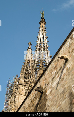 Dettaglio della cattedrale di Barcellona, mostrando mascheroni e guglie, con lavori di ristrutturazione in corso, Spagna, Europa Foto Stock