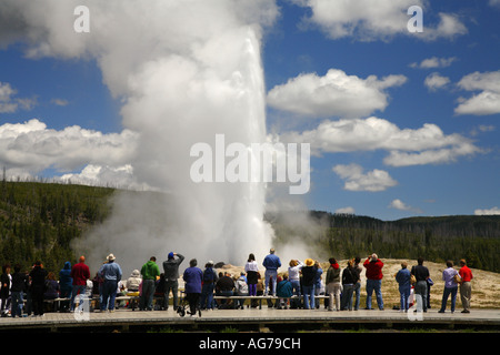 I visitatori osservano geyser Old Faithful Parco Nazionale di Yellowstone Wyoming Foto Stock