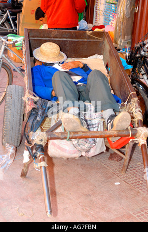 Il Marocco , Marrakesch , Piazza Jemaa El Fna Souk , mercato tradizionale africano scena di porter prendendo un pisolino o la siesta nel suo carrello a mano Foto Stock