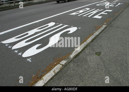 Un solo bus lane è contrassegnata sulla strada nel centro di Portland Oregon Foto Stock