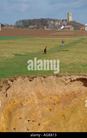 DOG WALKER e scogliere di HAPPISBURGH MOSTRA HABITAT DI SABBIA MARTINS NORFOLK East Anglia England Regno Unito Foto Stock