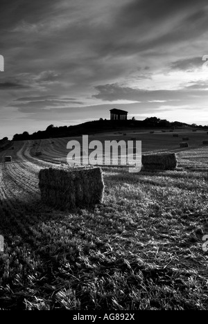 Haystacks vicino Penshaw monumento in autunno Foto Stock