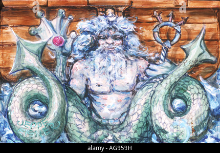 Murale colorato raffigurante un mitico Merman con twin tail su una parete in Copenhagen,Danimarca Foto Stock