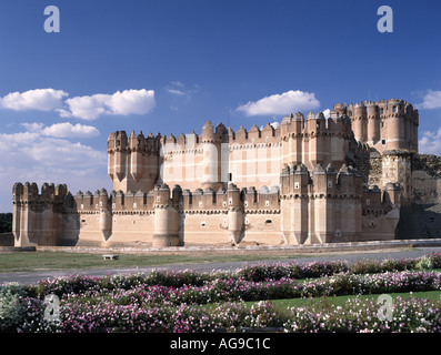 Castello di coca con cosmos fiori vicino a Segovia Spagna Foto Stock