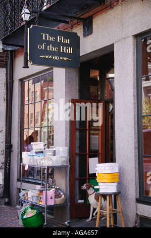 Segni unici su Beacon Hill illustrano graficamente il tipo di azienda di arredamento per la casa Shop Boston MA Foto Stock