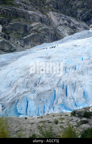 Parte della lingua del ghiacciaio di Nigardsbreen con gente che cammina su di essa in corrispondenza di Jostedal nel sud della Norvegia Foto Stock