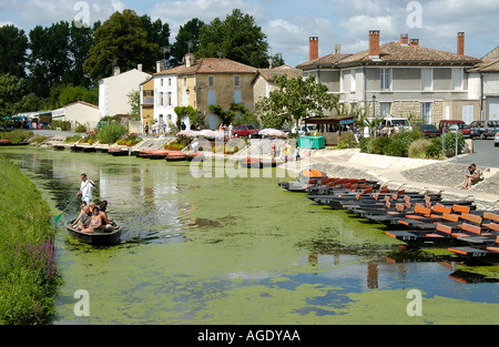 Viaggiando su una superficie piana e barca col fondo lungo il canale in Coulon nel Marais Poitevin Francia Foto Stock