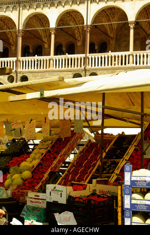 Padova (Padova) Italia, frutta fresca e verdura in Piazza delle Erbe con il Palazzo della Ragione, il Palazzo della Ragione. Foto Stock