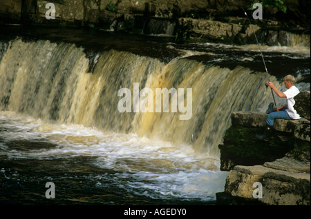 La pesca sul fiume Swale, Richmond, Yorkshire Foto Stock