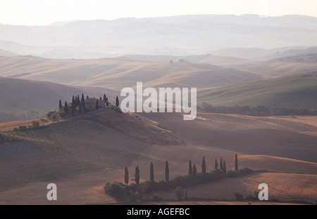 Suggestiva fattoria stead Il Belvedere sulla cima di un colle tra le colline di prodotti agricoli e la regione di vacanza Val D'Orcia Toscana Foto Stock