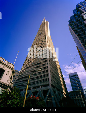 Una fotografia guardando le Transamerican Pyramid a San Franscisco in una giornata di sole Foto Stock