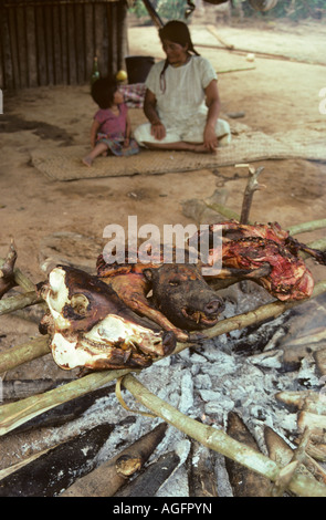 Bolivia Reyes i bambini della tribù Chimanes e grigliate di maiale selvatico Foto Stock