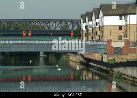 Peterborough Treno a velocità attraversando ponte sul fiume Nene Foto Stock
