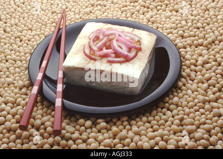 Il tofu e bastoncini su una piastra appoggiata su un letto di semi di soia secchi Foto Stock