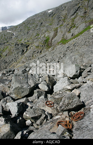 Resti di una linea tramviaria di goldrush dal 1897 giacente in corrispondenza circa della zona della bilancia Chilkoot Trail Alaska USA Foto Stock