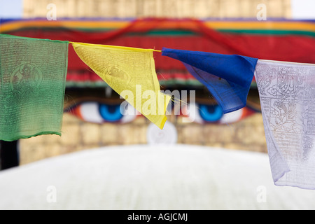 La preghiera buddista bandiere di fronte al Boudhanath stupa monumento buddista, Pashupatinath, Kathmandu, Nepal Foto Stock