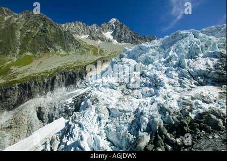 Il muso del ghiacciaio di Argentiere come la maggior parte dei ghiacciai alpini si è ritirata rapidamente a causa del riscaldamento globale Chamonix Francia Foto Stock