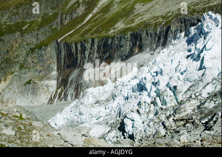 Il muso del ghiacciaio di Argentiere come la maggior parte dei ghiacciai alpini si è ritirata rapidamente a causa del riscaldamento globale Chamonix Francia Foto Stock