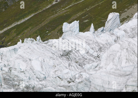 Il muso del ghiacciaio di Argentiere come la maggior parte dei ghiacciai alpini si è ritirata rapidamente a causa del riscaldamento globale Chamonix Francia Foto Stock