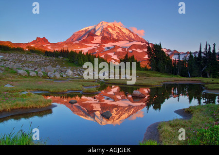 Mt Rainier al tramonto presi da un tarn in Spray Park Meadows nel remoto angolo nord-ovest del monte Rainier National Park Foto Stock