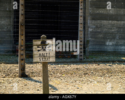 Filo spinato e 'Halt!' segno di avvertimento con Teschio e Ossa Croce al campo di concentramento di Auschwitz al di fuori di Cracovia in Polonia Foto Stock